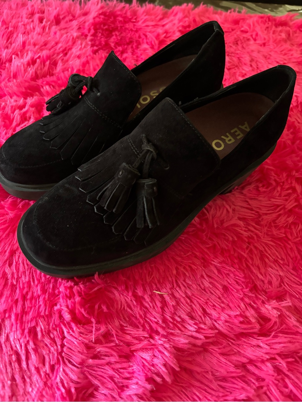 AEROSOLES Black Suede Tassel Kiltie Slip-On Loafers